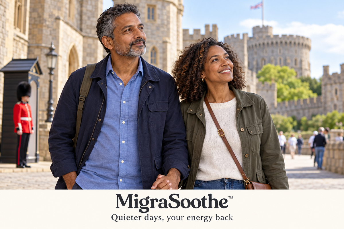 An Indian man and his Black British wife holding hands and looking up at Windsor Castle, with a guard in the distance.