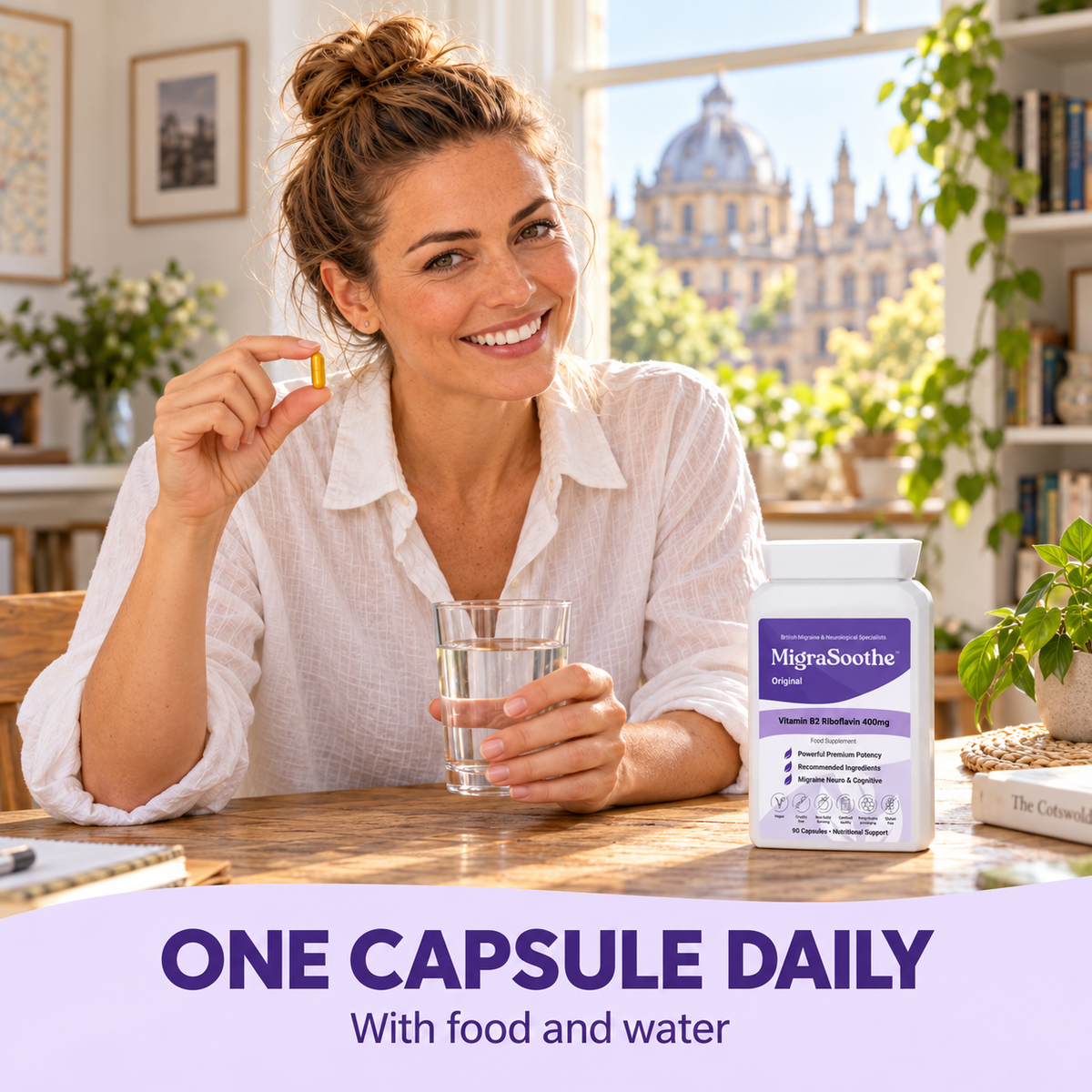 Jennifer holding one gold-yellow capsule and a glass of water beside the MigraSoothe Original bottle. One capsule daily with food and water.