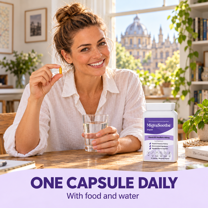 Jennifer holding one gold-yellow capsule and a glass of water beside the MigraSoothe Original bottle. One capsule daily with food and water.