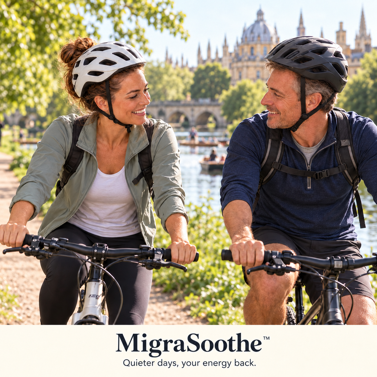 Jennifer and her husband wearing helmets and cycling beside historic Oxford buildings; Quieter days, your energy back.