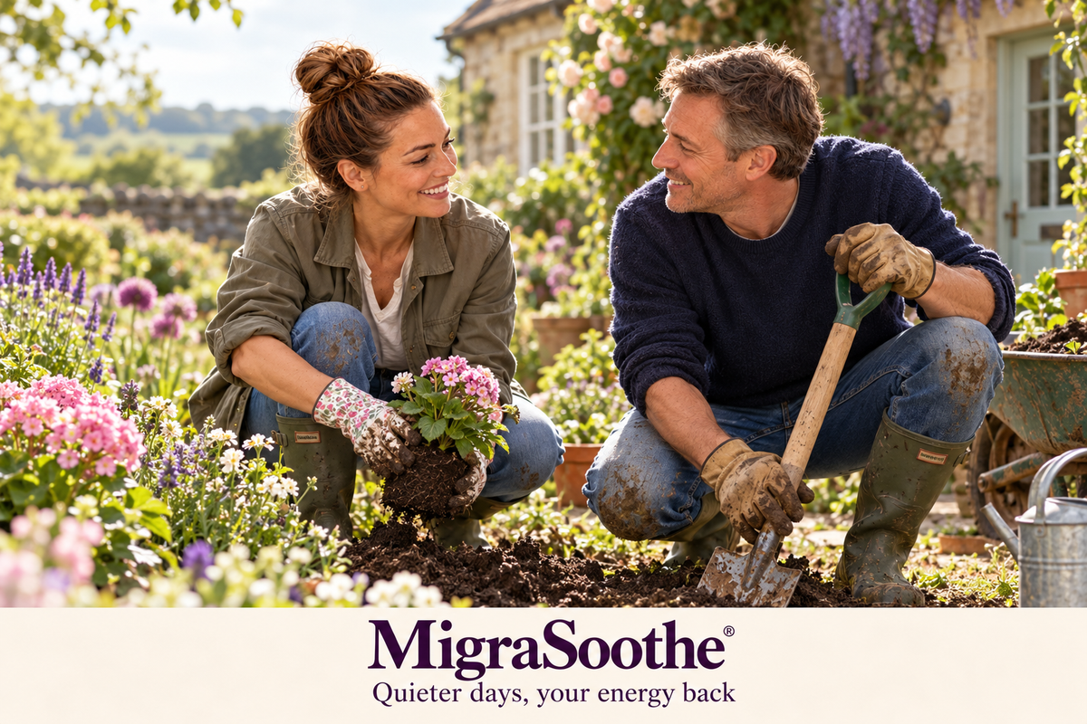 Jennifer and her husband digging in their garden in Wellington boots; Quieter days, your energy back.