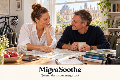 Jennifer and her husband planning a day out at their oak table, with an Oxford view, bicycle and Wellington boots nearby.