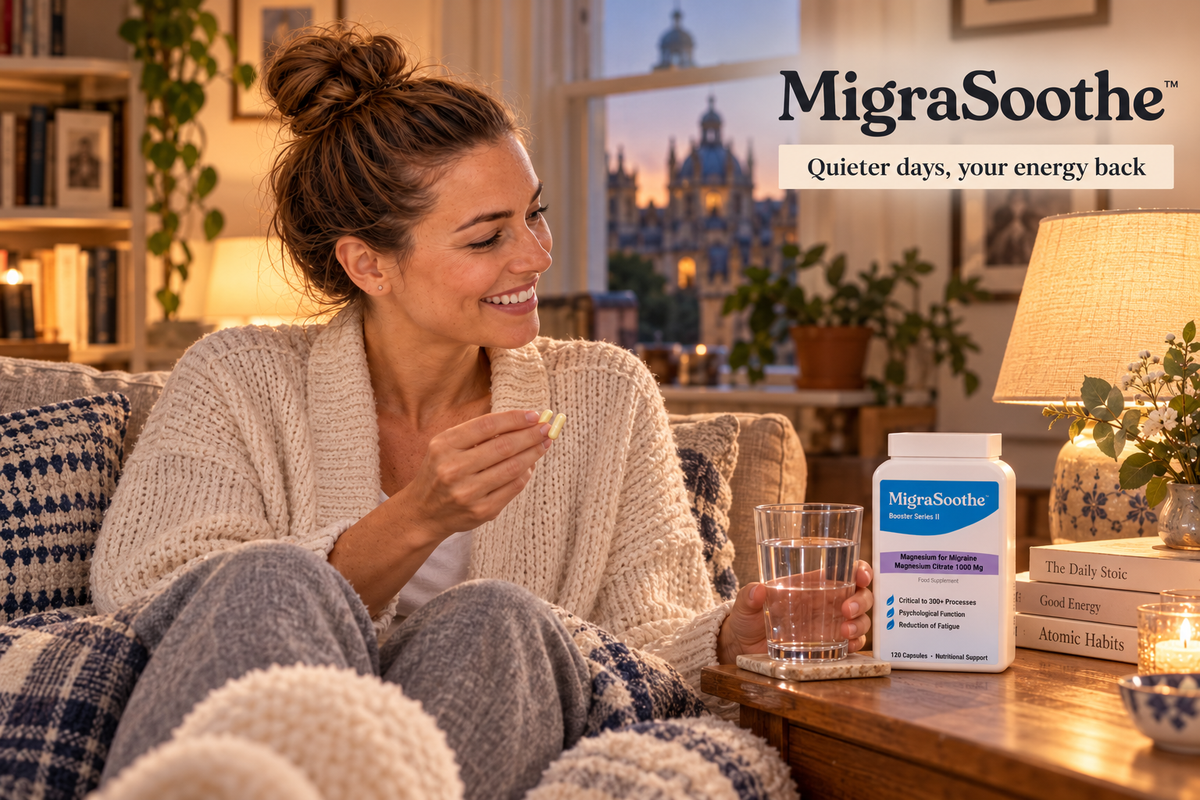 Jennifer taking two magnesium capsules with water beside her sofa, with a large magnesium bottle on an oak side table.
