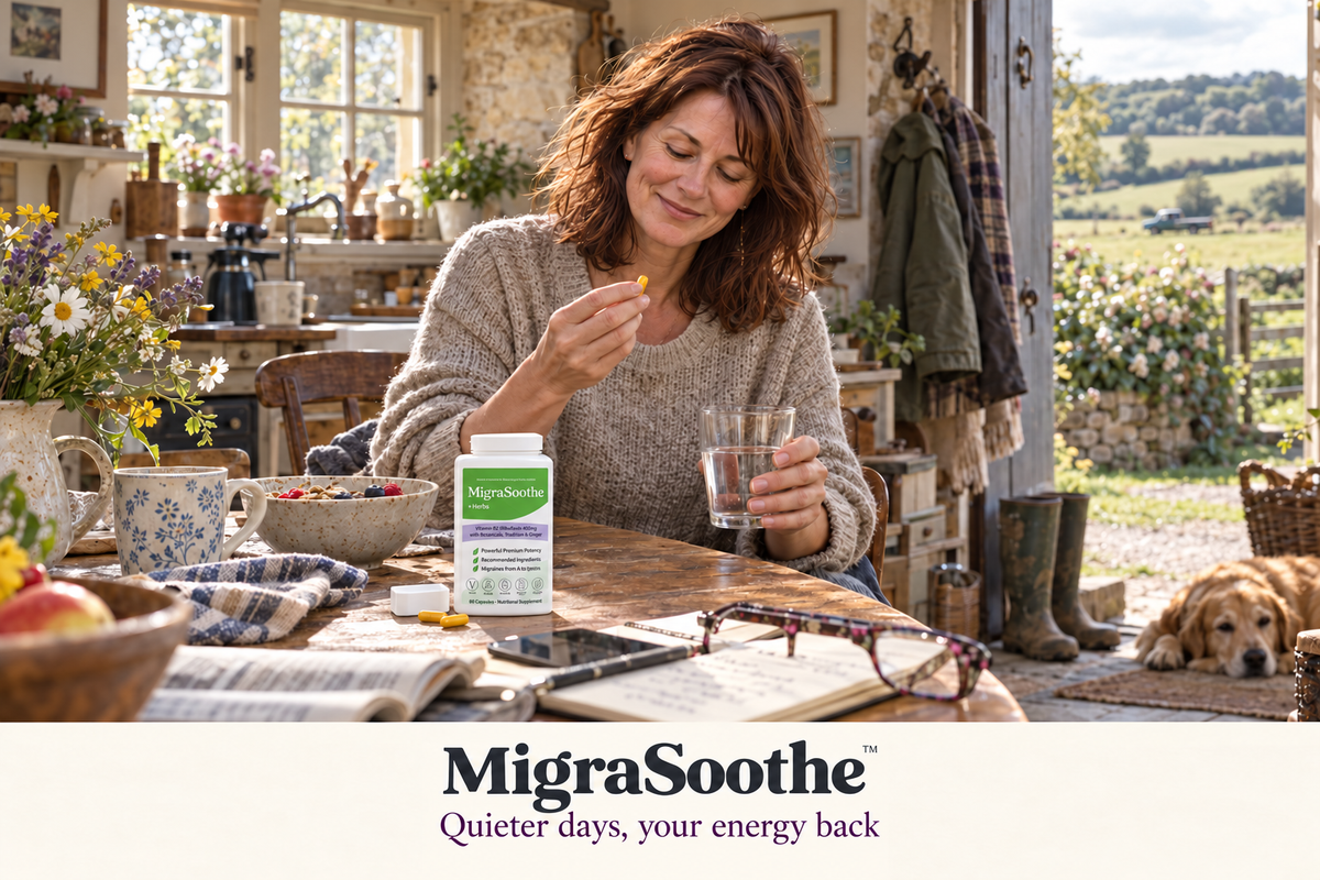 Judy taking a capsule with breakfast beside the + Herbs bottle, flowers and water in her Cotswolds kitchen.