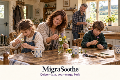 Judy and her family arranging a small vase of flowers at a mostly clear oak kitchen table.