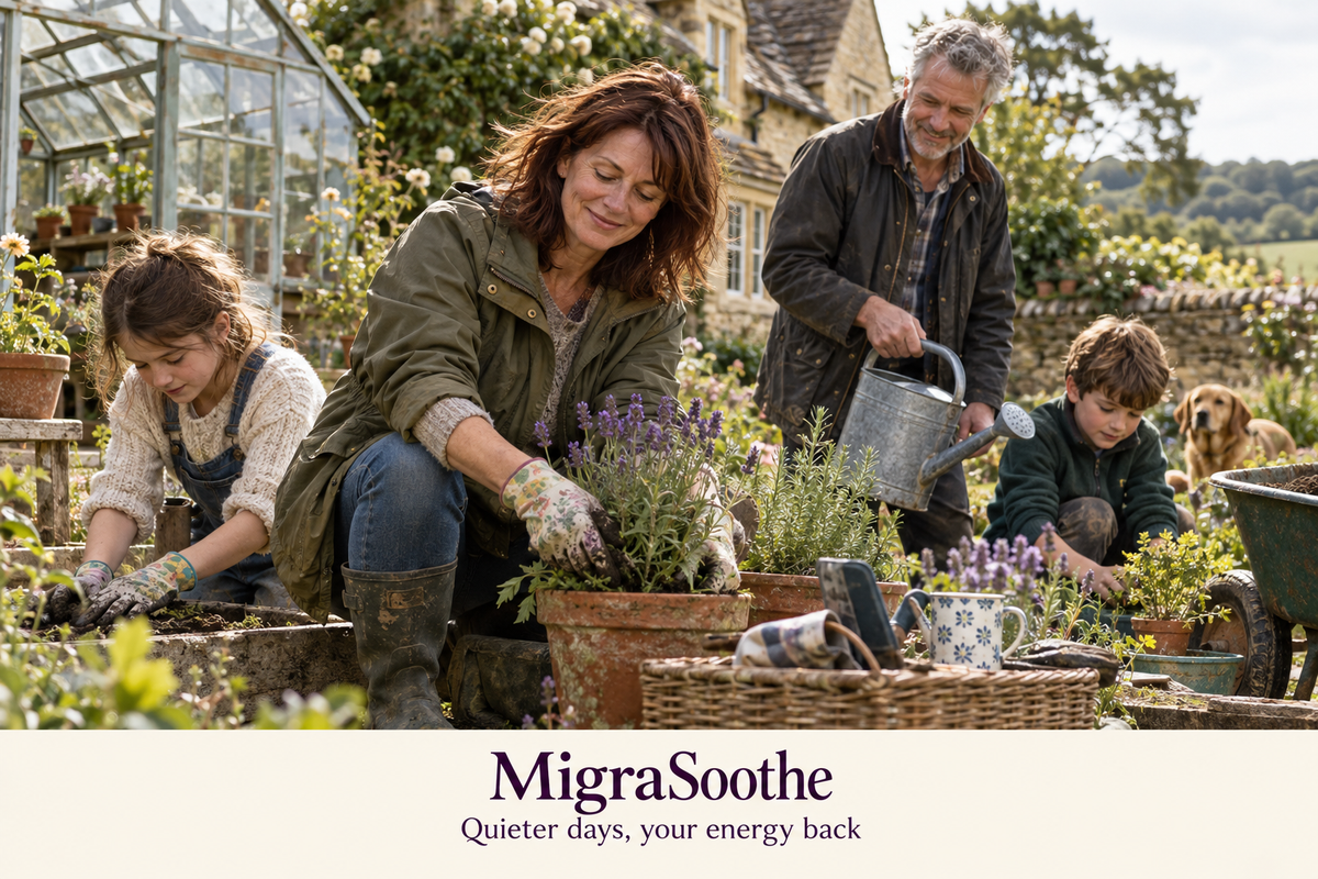 Judy, her grey-haired husband and their two children tending plants at a Cotswolds greenhouse.