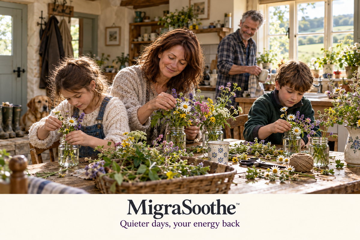 Judy and her children arranging garden flowers at the oak table in their lived-in Cotswolds home.
