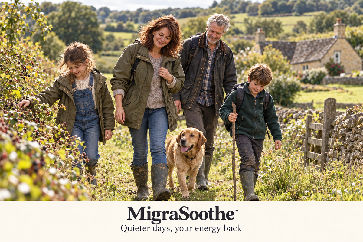 Judy and her family walking through Cotswolds fields in Wellington boots with their dog.