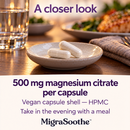 A closer look at two magnesium capsules beside water and an evening meal. 500 mg magnesium citrate per capsule; vegan HPMC shell.
