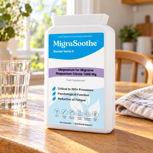 Magnesium Oak: MigraSoothe bottle or pack on an oak table in a natural home setting.