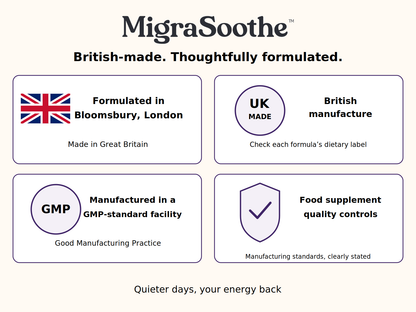 Formulated in Bloomsbury, London; made in Great Britain; GMP-standard facility and food supplement quality controls. Check each product dietary label.