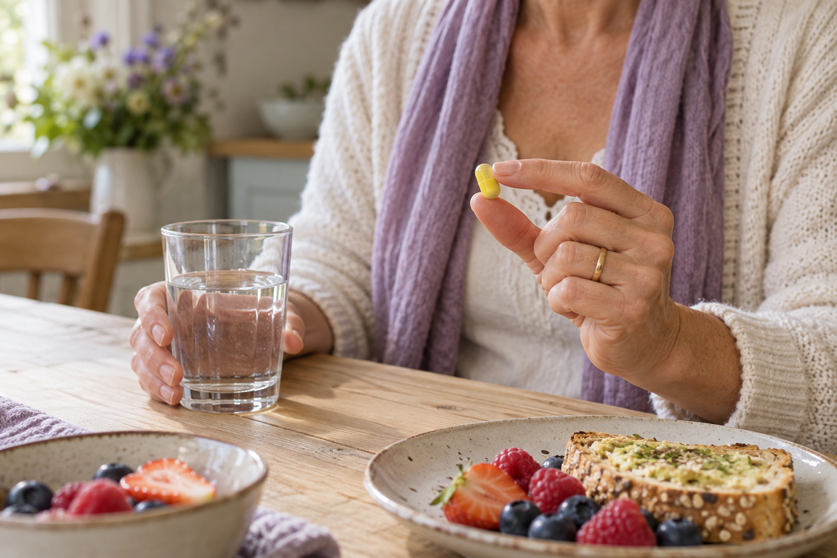Close-up of a daily capsule routine with water and breakfast.