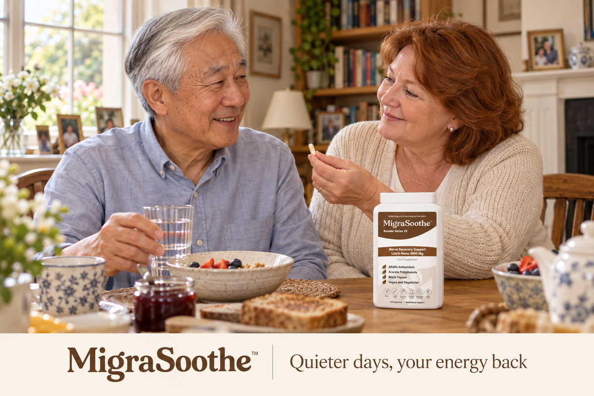An older Chinese husband and his white English wife with auburn hair sharing breakfast; she offers a capsule beside the Lion’s Mane bottle.