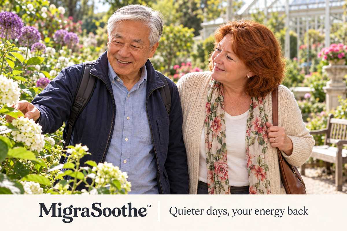 An older Chinese man and his auburn-haired English wife exploring a flowering garden together.