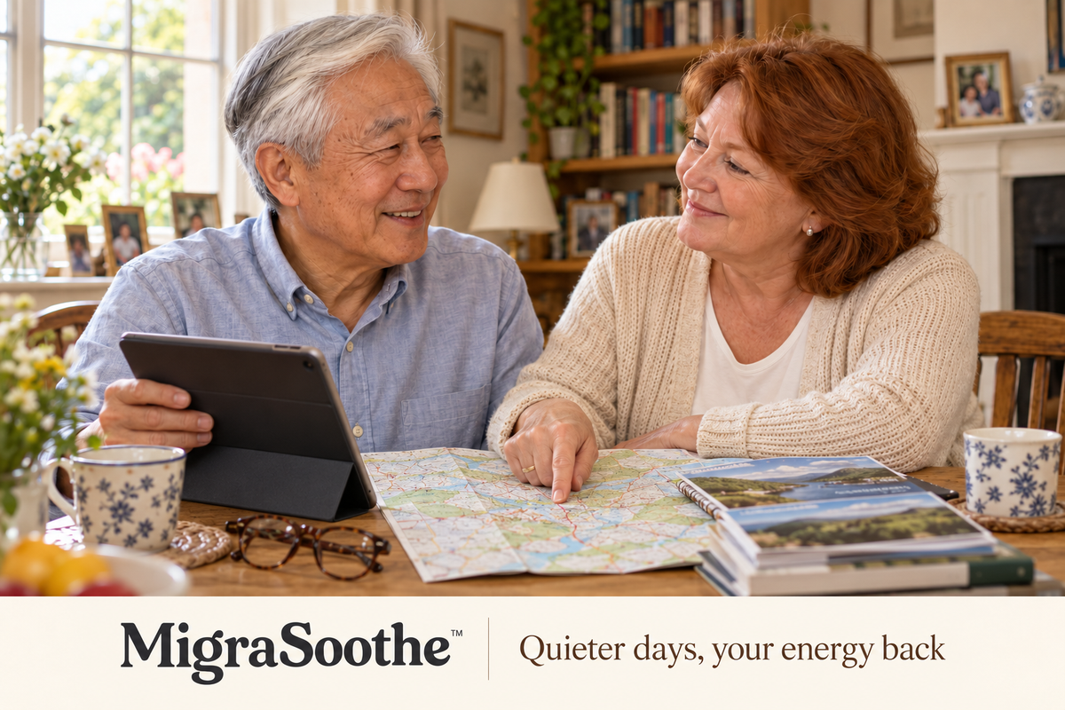 The older couple using a tablet and map to plan a day out at their oak dining table.