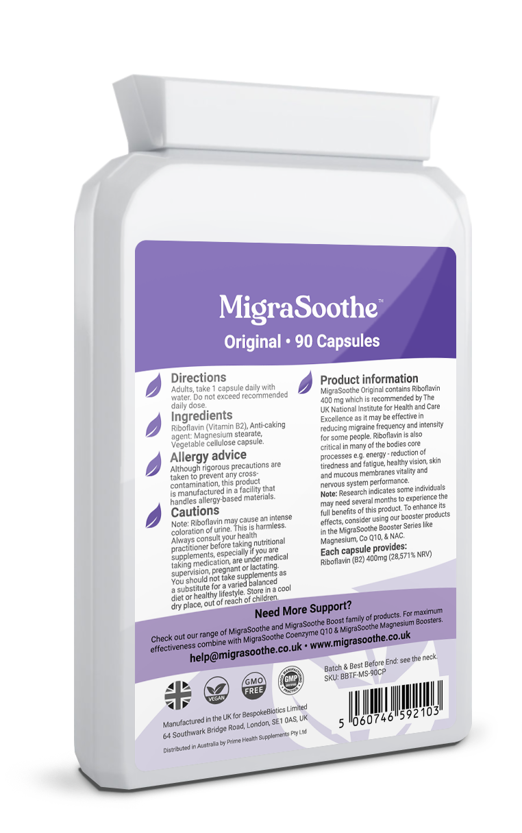 MigraSoothe Original rear label: 90-capsule bottle, directions, ingredients and product information. Other pack sizes may vary.