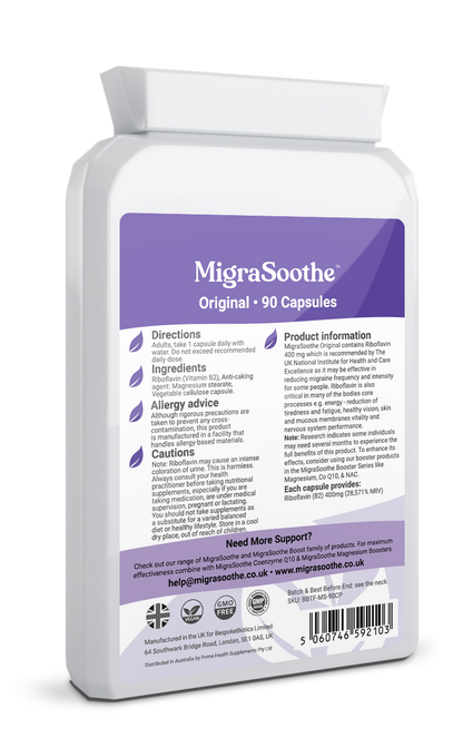 MigraSoothe Original rear label: 90-capsule bottle, directions, ingredients and product information. Other pack sizes may vary.