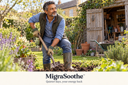 A middle-aged Indian man digging in his garden in Wellington boots; Quieter days, your energy back.