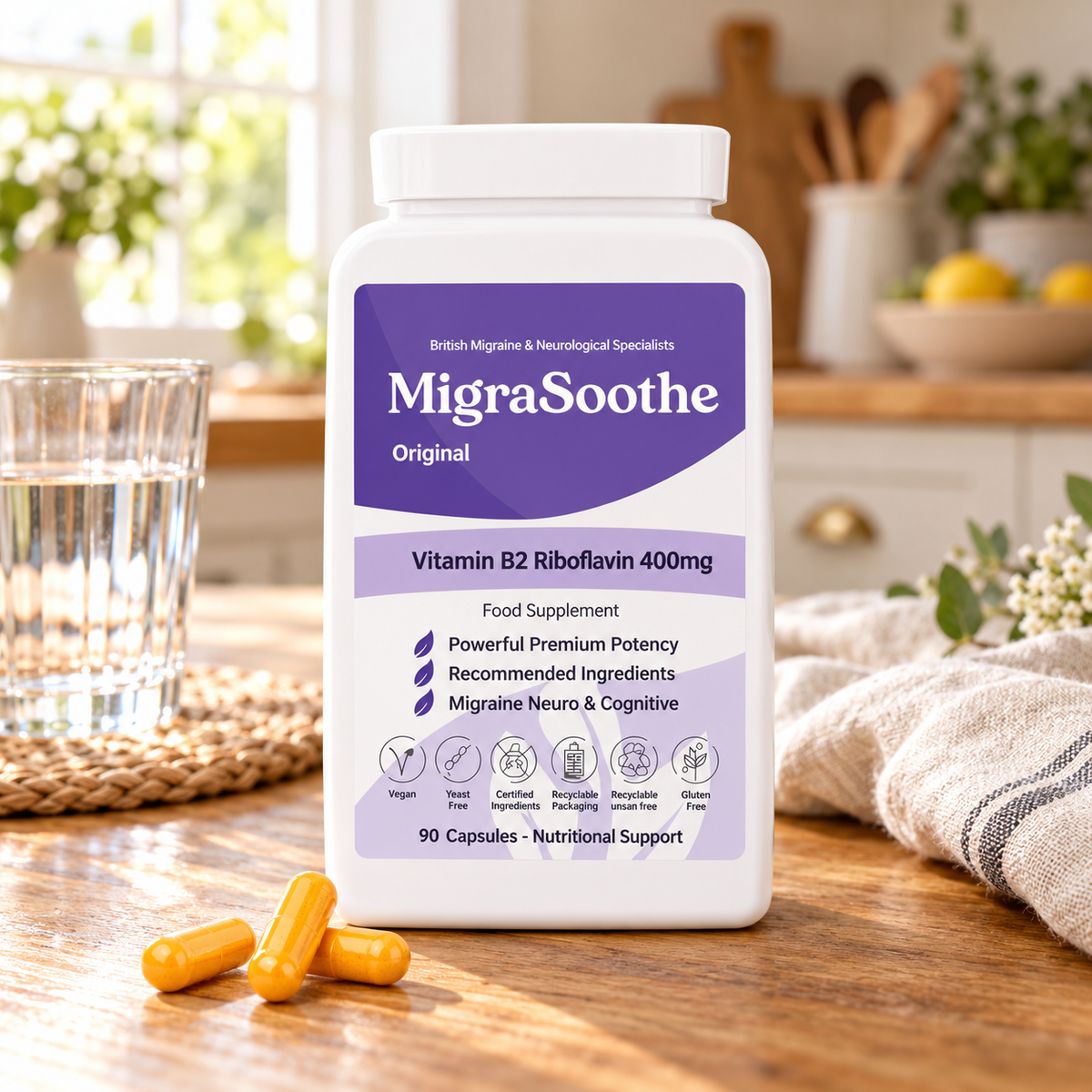 Original Oak: MigraSoothe bottle or pack on an oak table in a natural home setting.