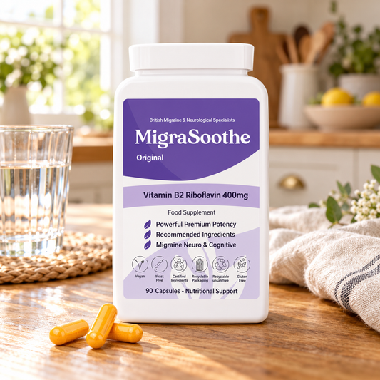 Original Oak: MigraSoothe bottle or pack on an oak table in a natural home setting.