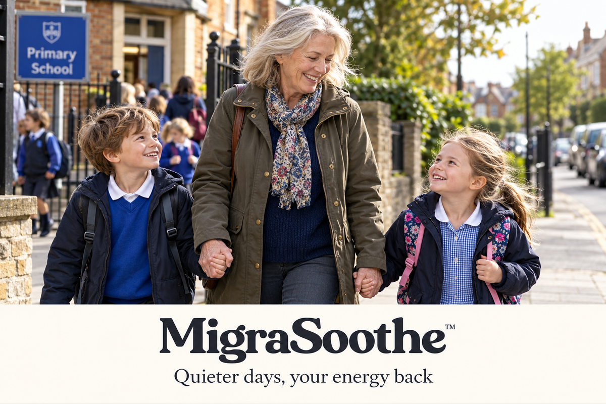An older woman collecting her grandchildren from primary school; Quieter days, your energy back.