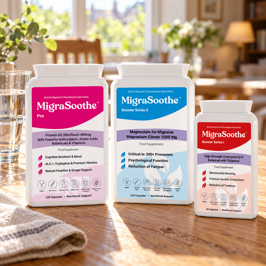 Pro Complete Oak: MigraSoothe bottle or pack on an oak table in a natural home setting.
