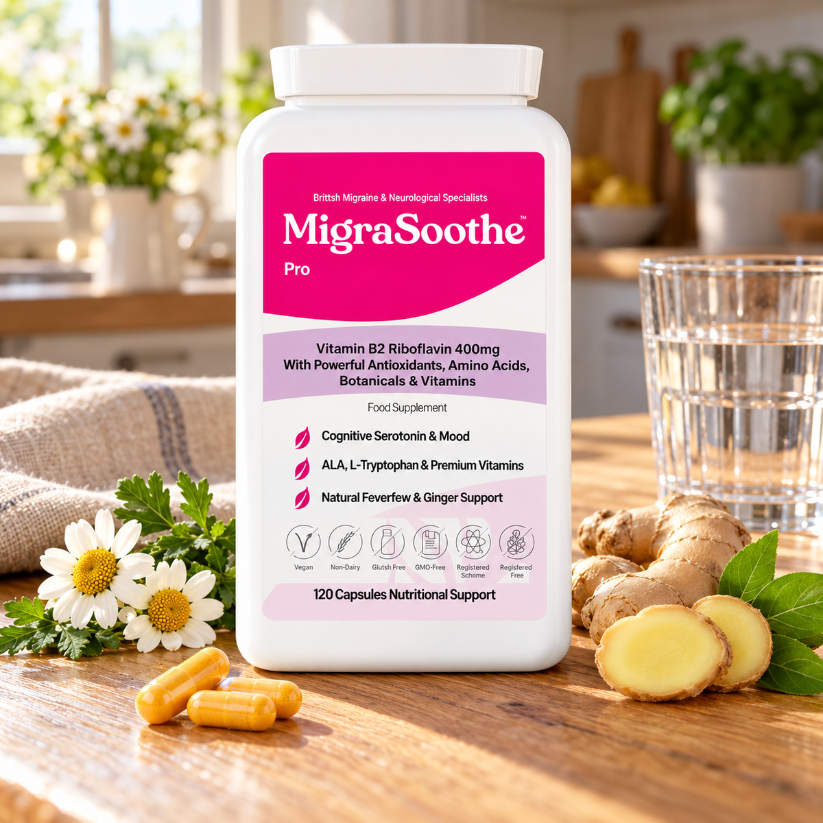 Pro Oak: MigraSoothe bottle or pack on an oak table in a natural home setting.
