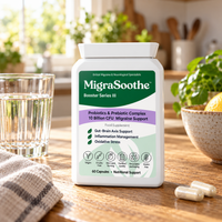 Probiotic Oak: MigraSoothe bottle or pack on an oak table in a natural home setting.