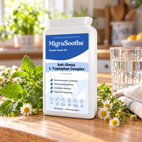Tryptophan Oak: MigraSoothe bottle or pack on an oak table in a natural home setting.