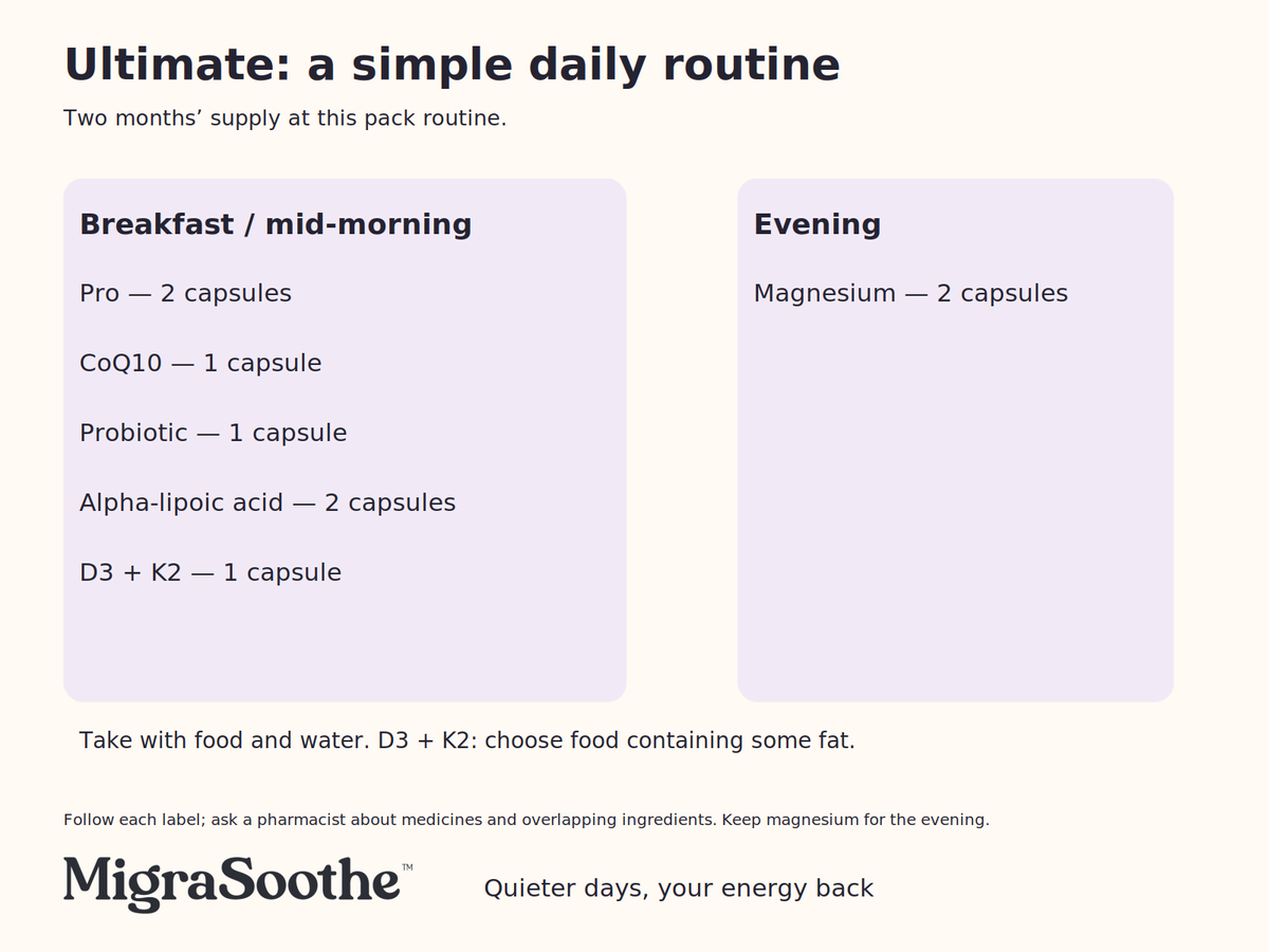 Ultimate routine: two Pro, one CoQ10, one probiotic, two ALA and one D3/K2 in the morning; two magnesium in the evening.