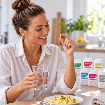 Jennifer holding a yellow capsule and a glass of water at breakfast, with the six Ultimate pack bottles behind her.