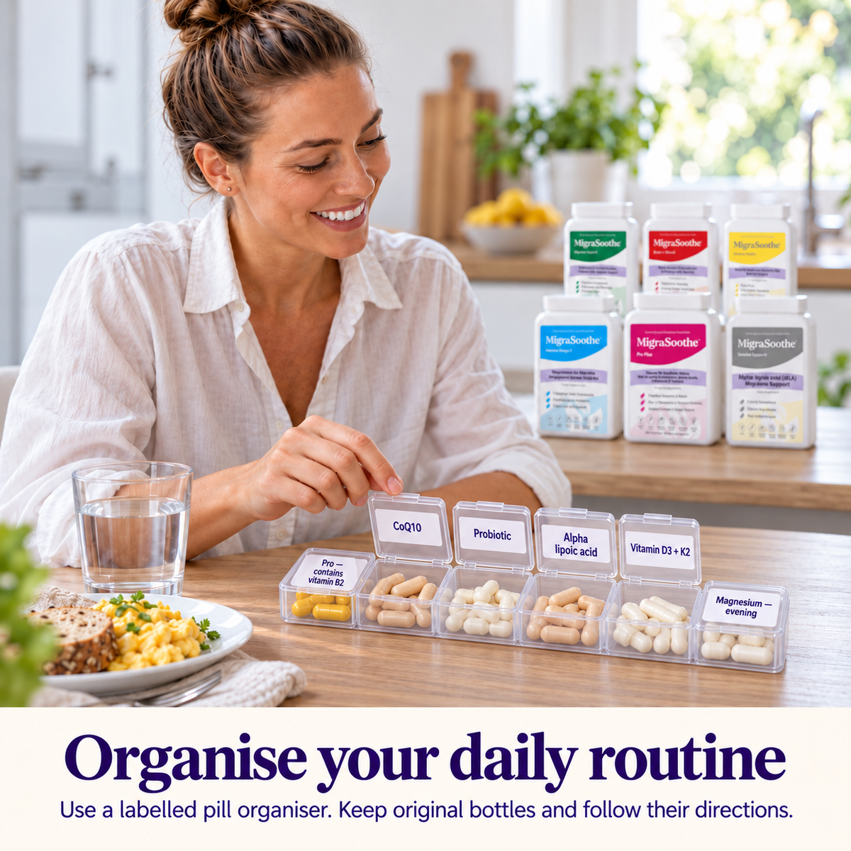 Jennifer with one transparent six-compartment pill organiser. Pro containing vitamin B2 and Magnesium — evening are closed; the four other compartments are open.
