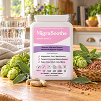 Women Oak: MigraSoothe bottle or pack on an oak table in a natural home setting.