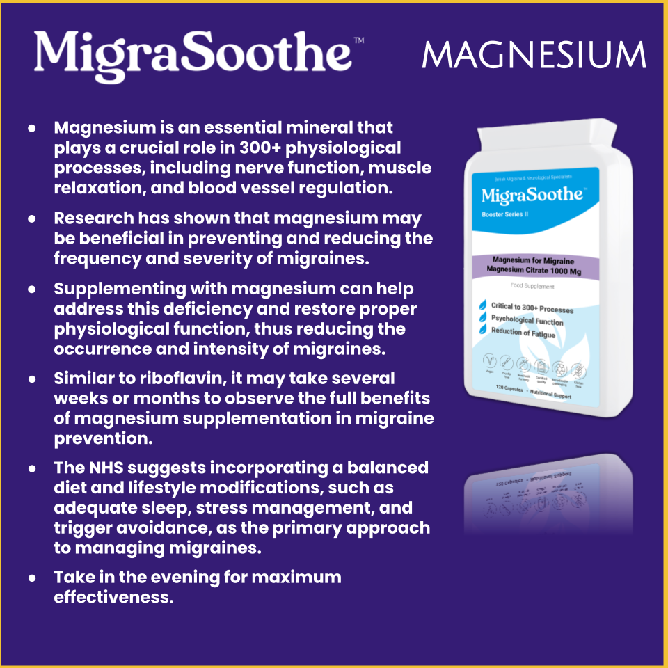 MIgraSoothe migraine relief supplement magnesium which helps with reducing migraine effects made in the UK