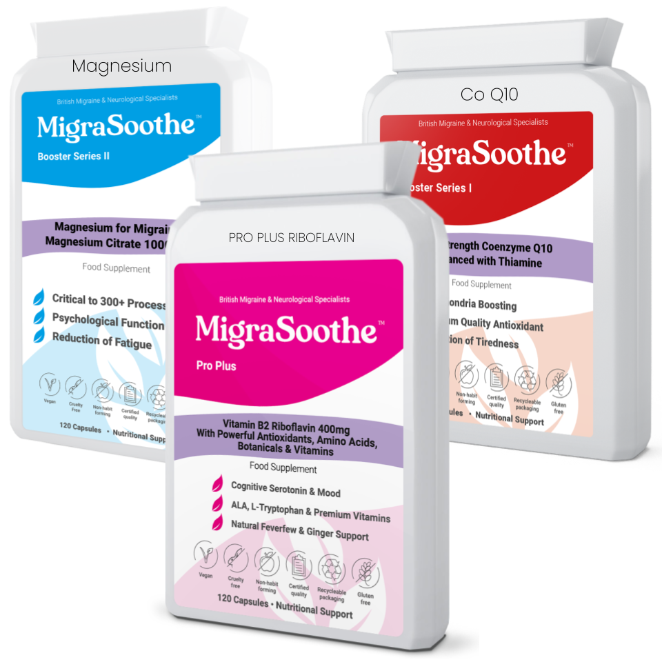 MigraSoothe Pro Bundle - Triple Pack Riboflavin  Magnesium CoQ10 Tryptophan Feverfew Ginger etc