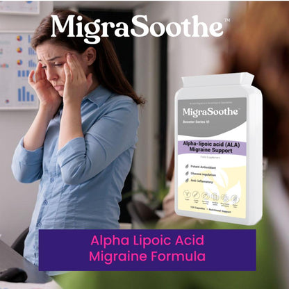 woman struggling using Woam Yoga Pose of MigraSoothe Booster Series VI capsules containing Alpha Lipoic Acid, designed for migraine relief.