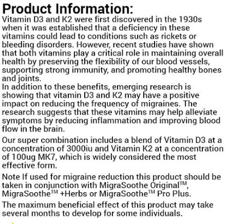 MigraSoothe Booster Vitamin D3 Vitamin K2 MK7 Complex
